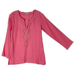 NWOT BELLA TU Top 6 Linen Pink Embroidery Beaded Long Sleeve Slit Sides V Neck